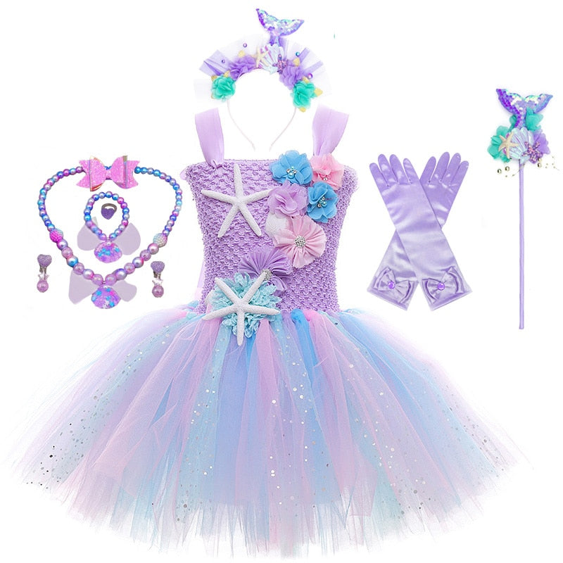 Vestido de Tutu da Pequena Sereia Ariel - 2 a 10 Anos