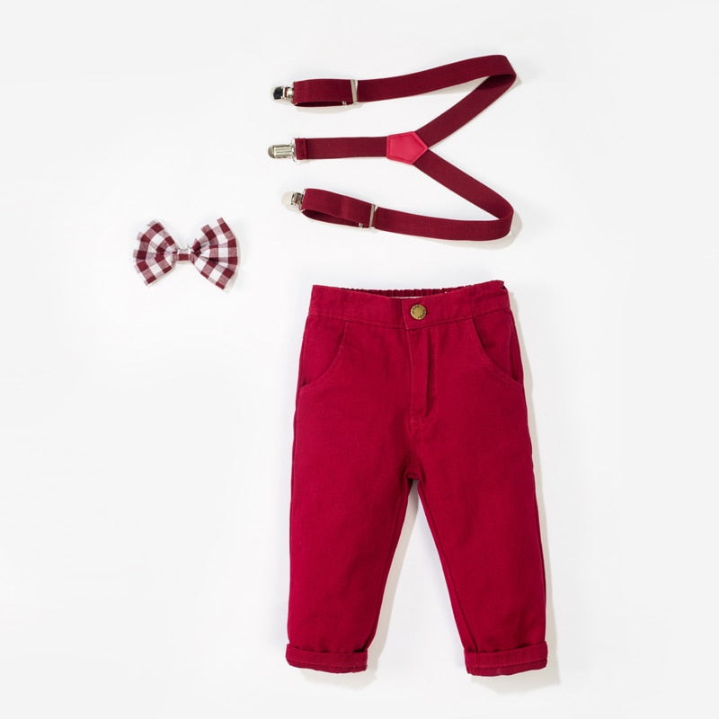 Conjunto Camisa com Gravata, Calça e Suspensório - 1 a 7 anos