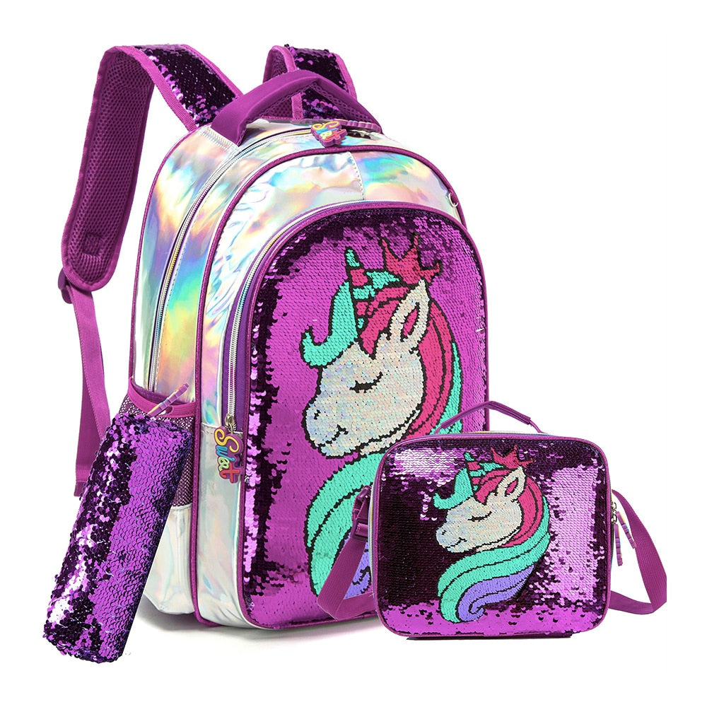 Kit Mochila Escolar Infantil Unicórnio com Lantejoula