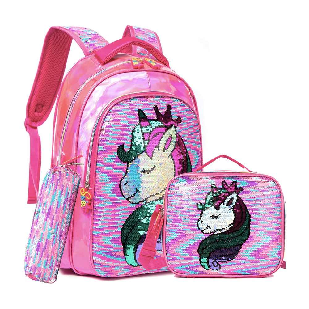 Kit Mochila Escolar Infantil Unicórnio com Lantejoula