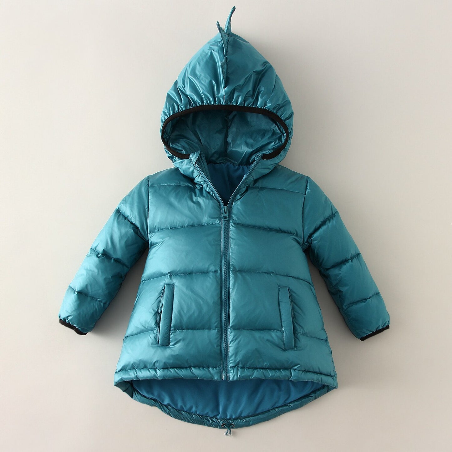 Casaco infantil de inverno com capuz e detalhe nas costas de dinossauro - 1 a 6 anos
