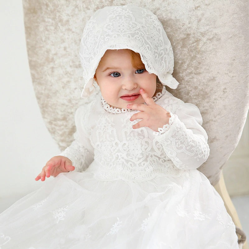 Vestido de Renda Mandrião para Batizado Manga Comprida - 3 a 24 meses