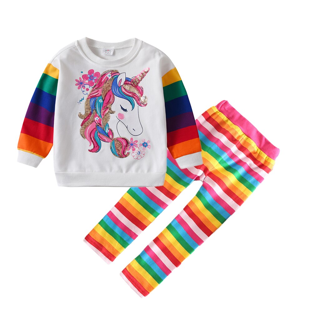 Conjunto listrado de calça e blusa de Unicórnio para meninas - 3 a 12 anos