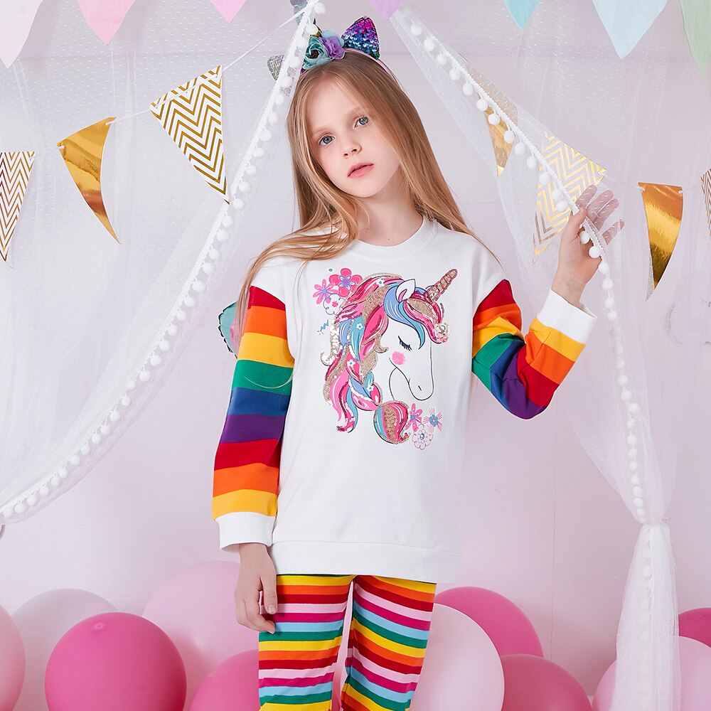 Conjunto listrado de calça e blusa de Unicórnio para meninas - 3 a 12 anos