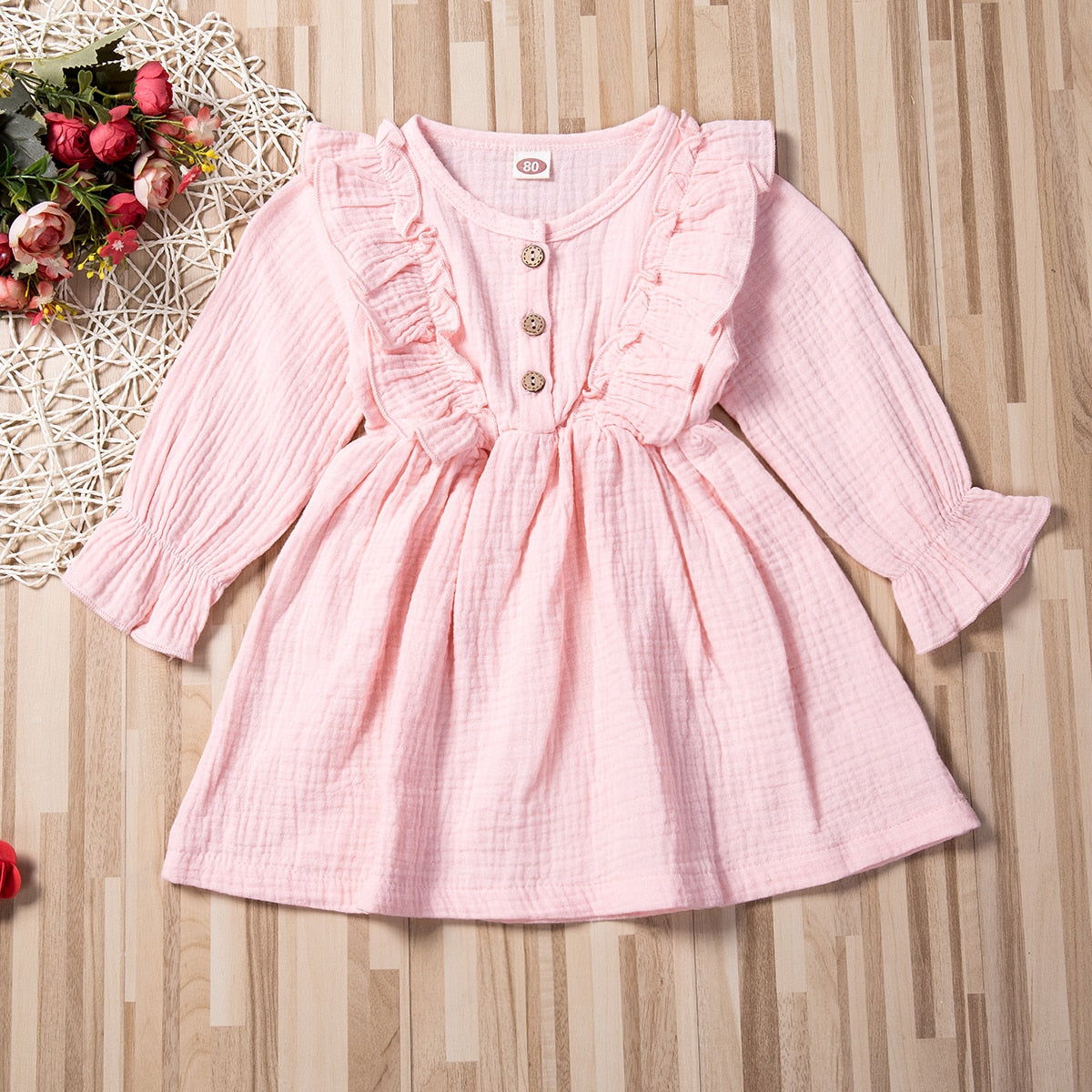 Vestido Sólido Manga Longa - 1 a 5 anos