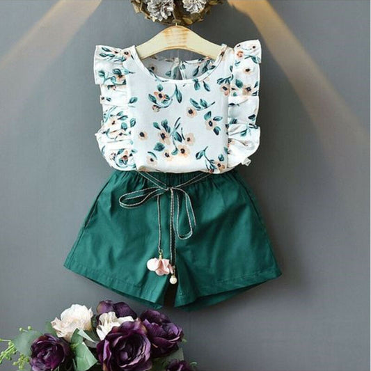 Conjunto Blusa e Short Verde Floral - 2 a 7 anos