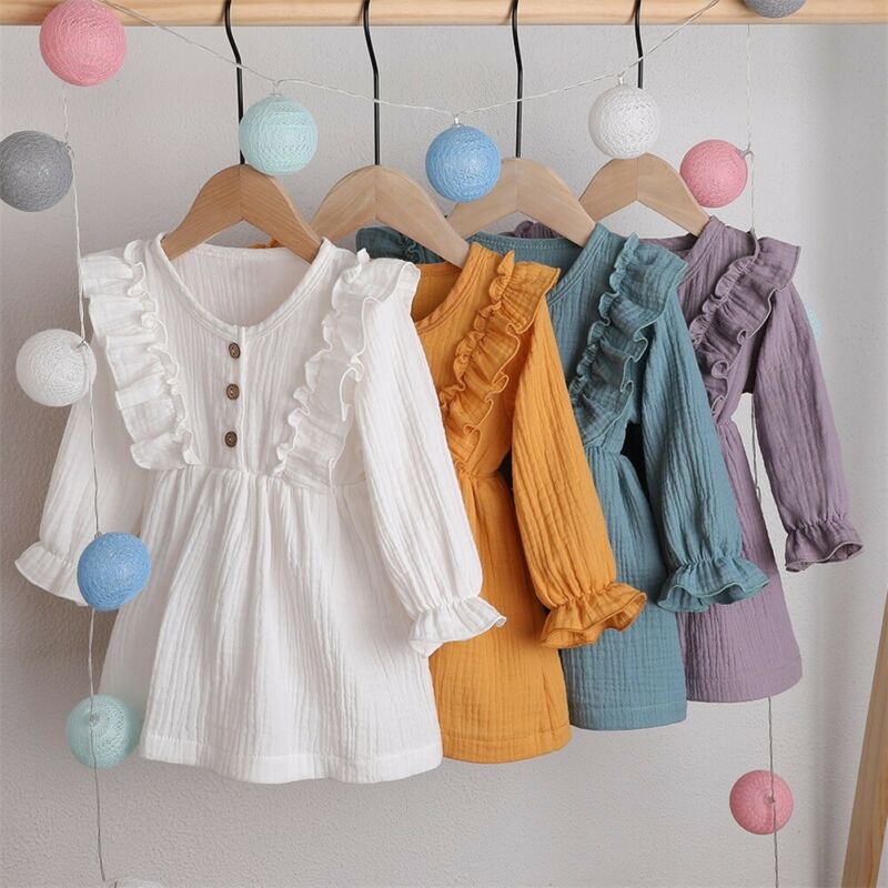 Vestido Sólido Manga Longa - 1 a 5 anos