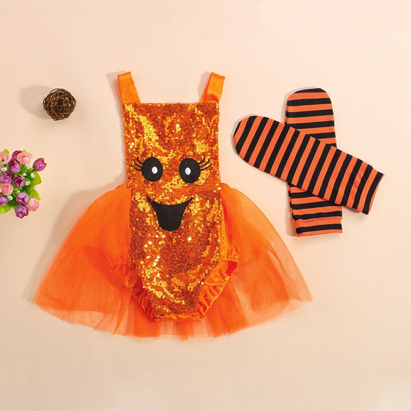 Conjunto de Jardineira com Tutu e Meião Tema Halloween - 6 a 24 meses