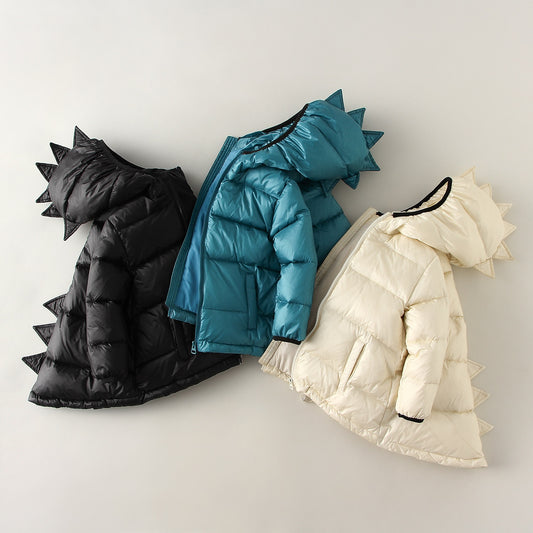Casaco infantil de inverno com capuz e detalhe nas costas de dinossauro - 1 a 6 anos