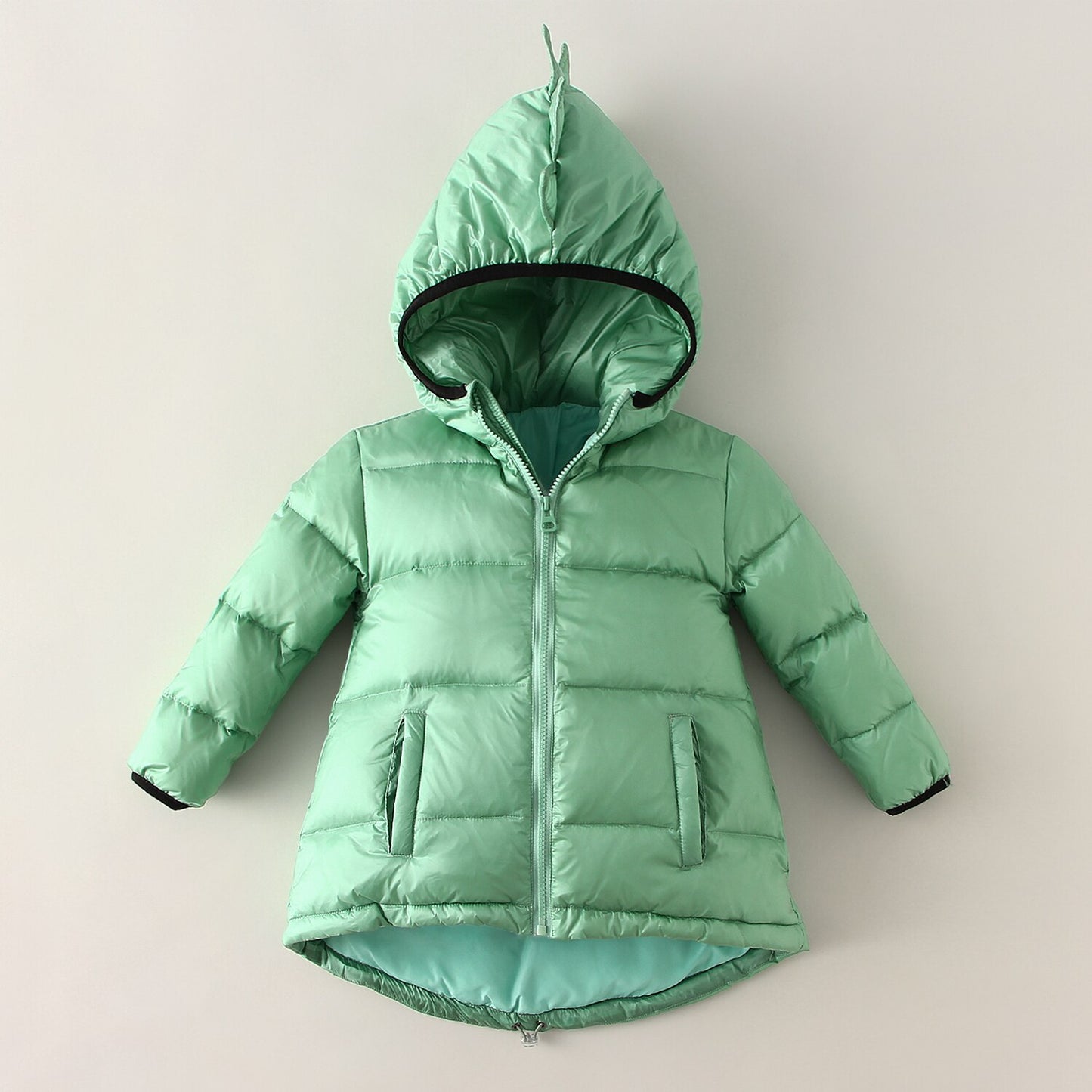 Casaco infantil de inverno com capuz e detalhe nas costas de dinossauro - 1 a 6 anos