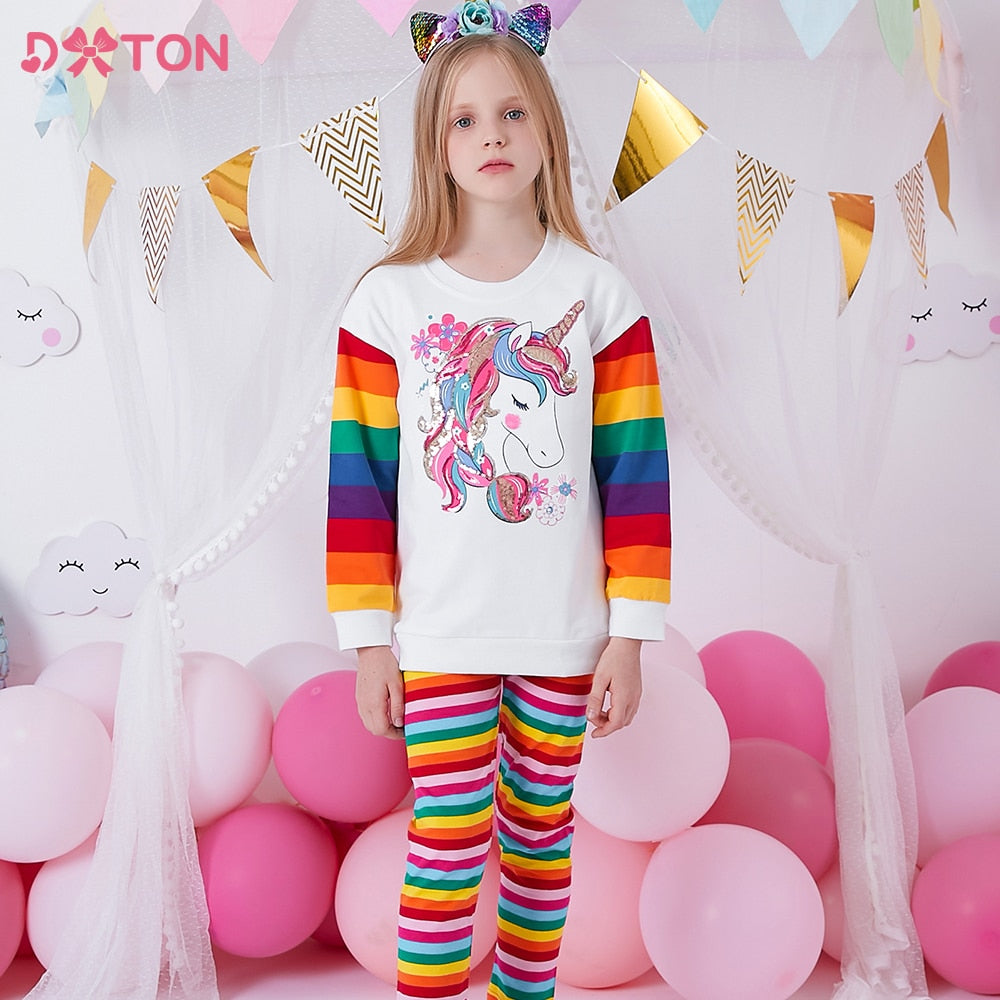 Conjunto listrado de calça e blusa de Unicórnio para meninas - 3 a 12 anos