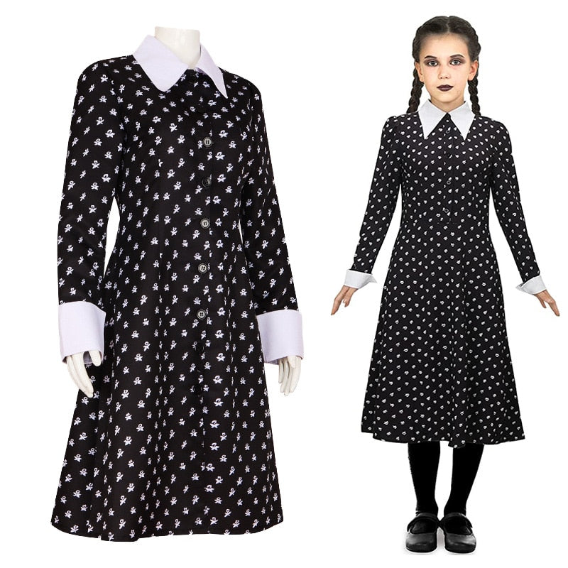 Vestido estampado da Wandinha Addams - Infantil e Adulto