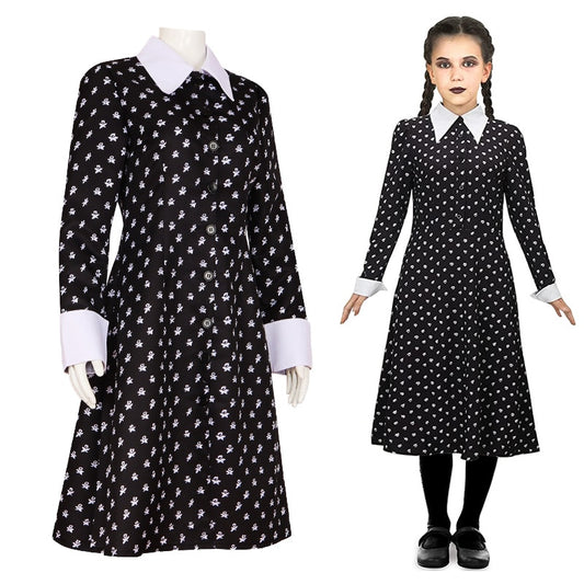 Vestido estampado da Wandinha Addams - Infantil e Adulto
