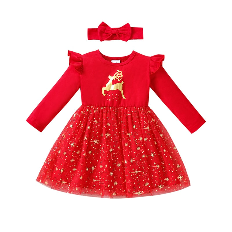 Vestido Manga Longa Natalino com Faixa - 3 meses a 3 anos