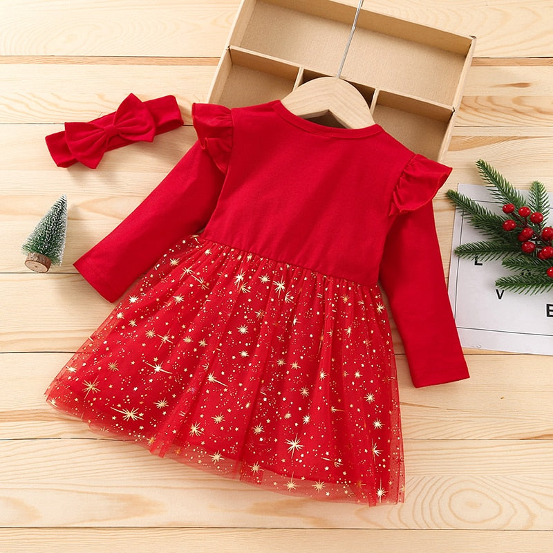 Vestido Manga Longa Natalino com Faixa - 3 meses a 3 anos