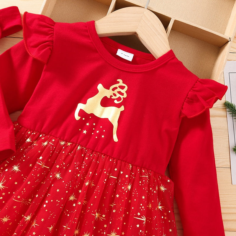 Vestido Manga Longa Natalino com Faixa - 3 meses a 3 anos