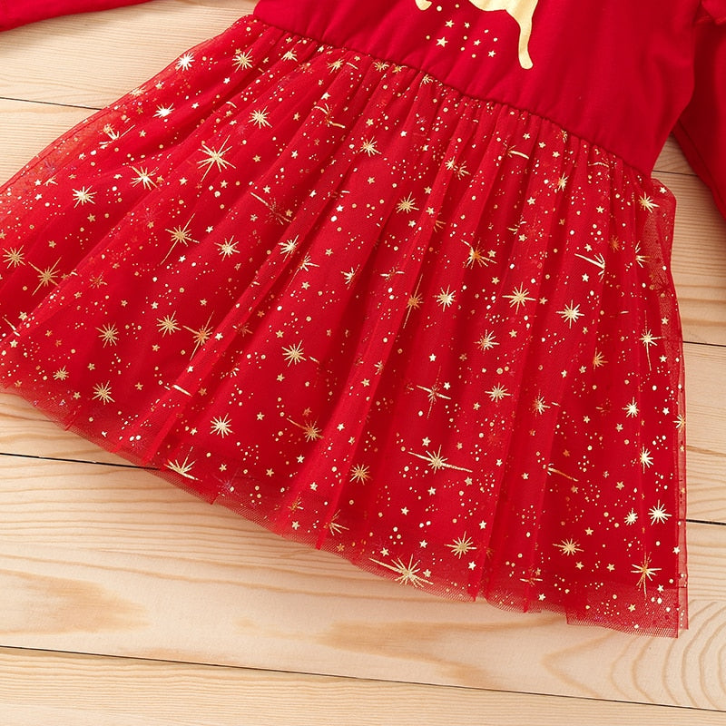 Vestido Manga Longa Natalino com Faixa - 3 meses a 3 anos